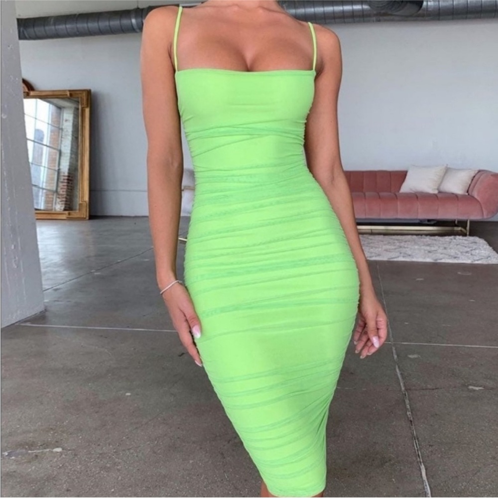 neon green ruched dress